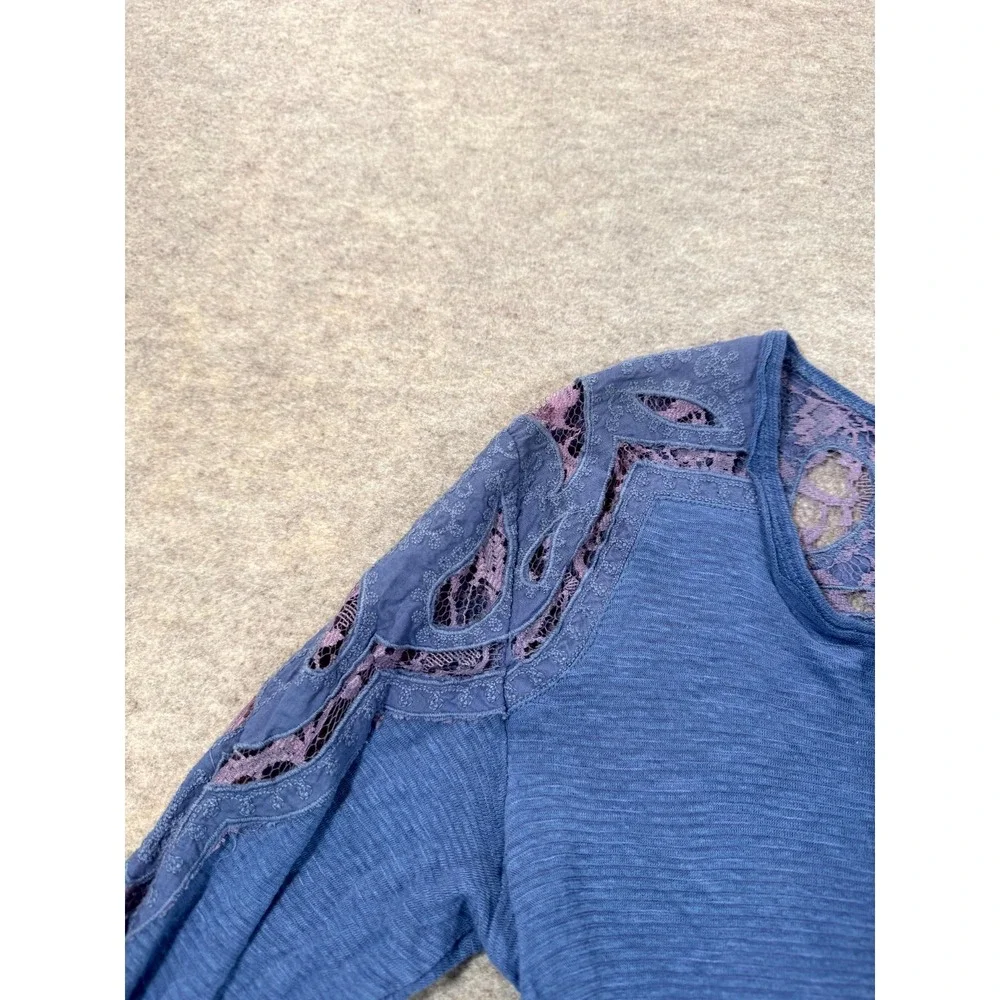 Free People Blouse Womens S Blue Viscose Paisley Lace Long Sleeve High Low Hem